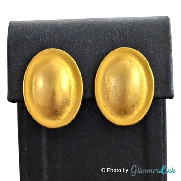 Vintage Chunky Matte Gold Tone Oval Clip On Earrings • Bold 1980s Domed Earrings - Picture 2 of 7